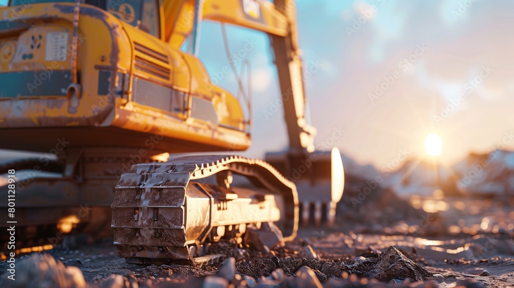 Big excavator on new construction site, in the background the blue sky and sun Big excavator on new construction site, in the background the blue sky and sun