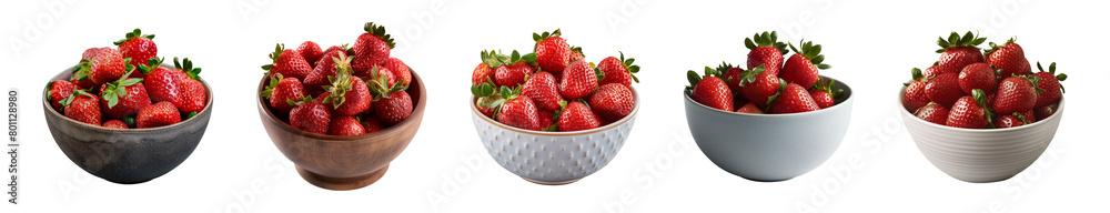Collection of fresh strawberries in a bowl isolated on a transparent background, PNG Collection of fresh strawberries in a bowl isolated on a transparent background, PNG