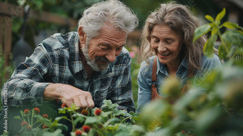 Elderly couple gardening together in their backyard, nurturing plants and flowers, sharing moments of joy and connection with nature