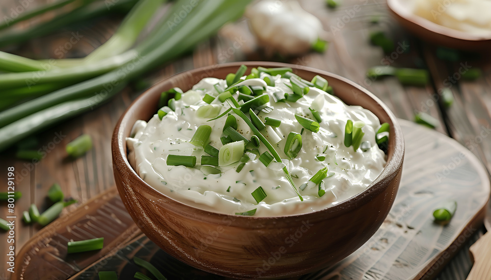 Bowl of tasty sour cream with green onion on table, closeup Bowl of tasty sour cream with green onion on table, closeup