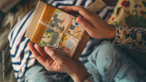 Handmade Gifts: Close-up of a child’s hands presenting a homemade card and a craft gift to their mother, focusing on the expressions of joy and appreciation