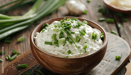 Bowl of tasty sour cream with green onion on table, closeup