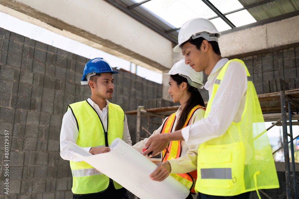team of engineers is looking at blueprint construction and discussing them together in the construction building team of engineers is looking at blueprint construction and discussing them together in the construction building
