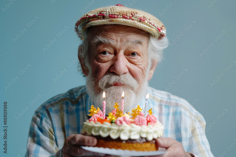 Funny portrait of grandpa in birthday cap with cake and lighted candles on blue background. Retiree birthday party concept. Funny portrait of grandpa in birthday cap with cake and lighted candles on blue background. Retiree birthday party concept.