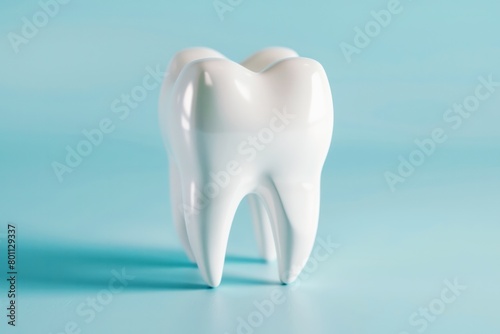 healthy white 3d tooth on a blue background with copy space  dental clinic concept