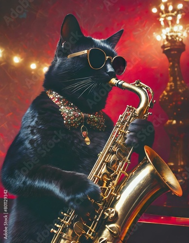 A sleek black cat playing a saxophone in a dimly lit jazz club, wearing sleek, metallic sunglasses