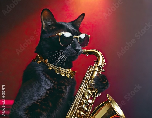 A sleek black cat playing a saxophone in a dimly lit jazz club  wearing sleek  metallic sunglasses