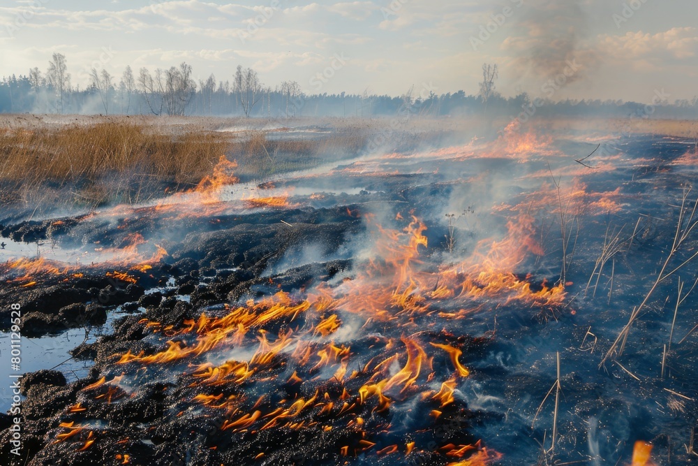 Peat bog ignites in summer: the fire hazard of burning natural materials, natural peat