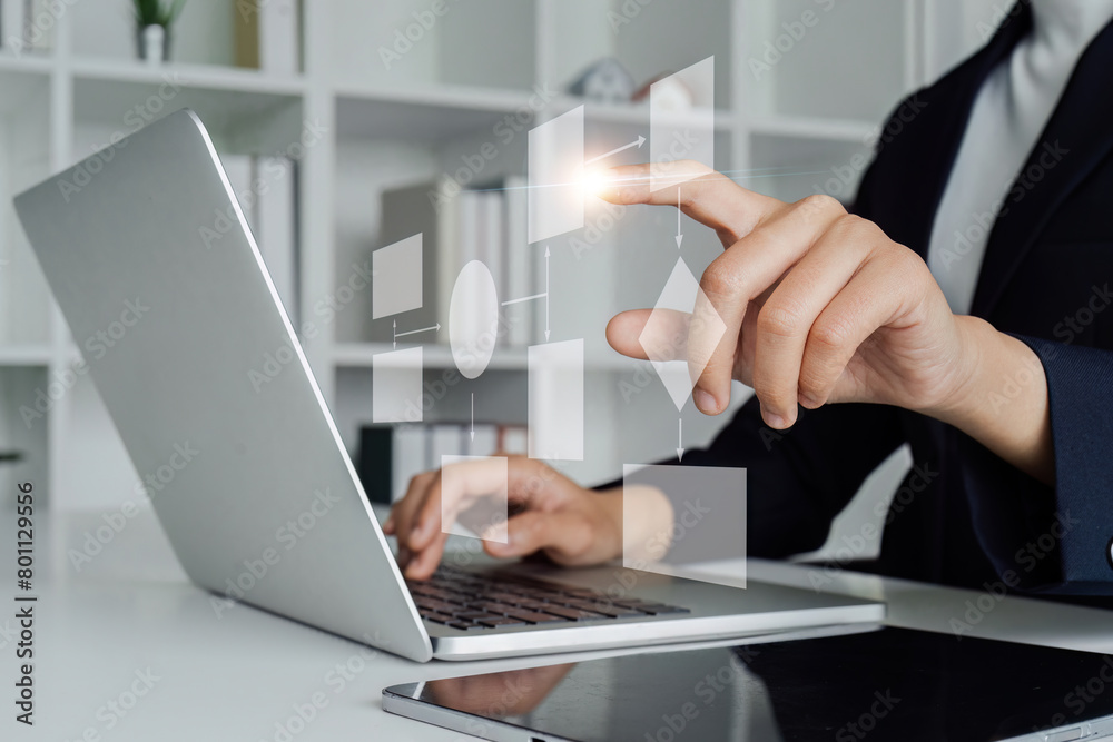 Business woman using a computer analysis for process and workflow automation with flowchart, a business woman in background Business woman using a computer analysis for process and workflow automation with flowchart, a business woman in background