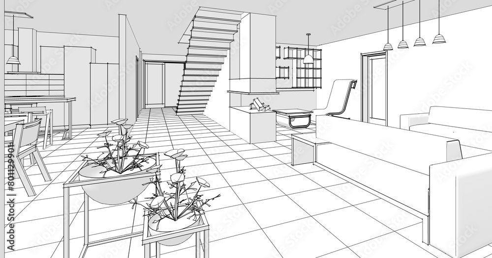 interior kitchen living room 3d illustration	
