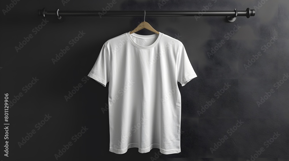White shirt mockup hanging from a rod , black background White shirt mockup hanging from a rod , black background