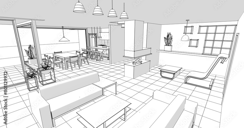 Fototapeta premium interior kitchen living room 3d illustration 