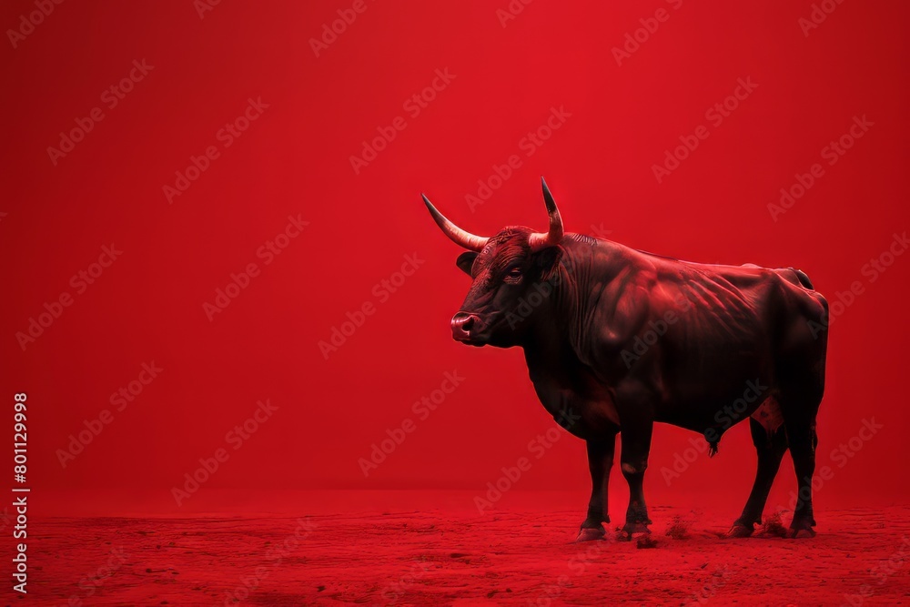 Solitary bull, poised powerfully as if ready for a corrida, under a monochrome vivid red backdrop, copy space poster