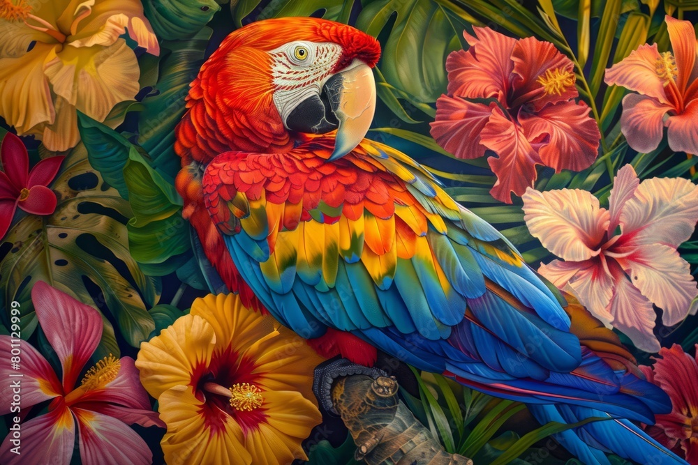 Obraz premium Vibrant macaw parrot amongst tropical flowers, illustrating a colorful spectacle of nature's beauty