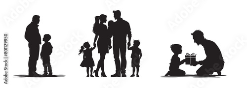 Happy Fathers Day flyer, banner or poster, silhouette of a father holding his child hand. Vector