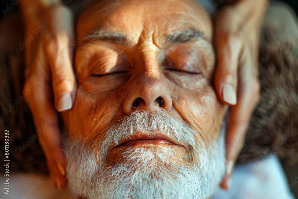 Close-up portrait of a senior man having a facial massage.