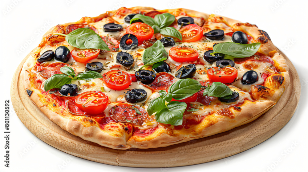 Tasty pizza with olives tomatoes and basil on white background