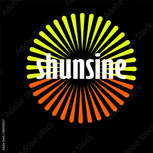 Sun end word sunshine. Concept Sunset or sunrise. Vector illustration isolated on black background. Summer, sunlight.
