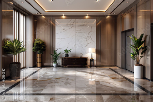 The interior of the luxury hotel lobby features marble flooring and marble walls in a classicist style. photo