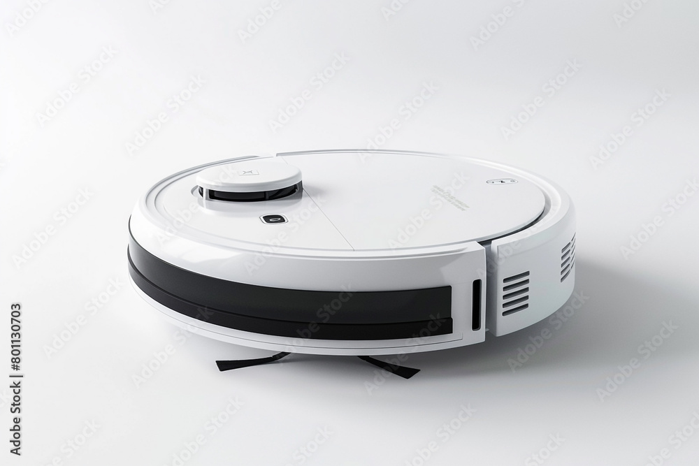 A sleek and compact robotic vacuum cleaner with intelligent obstacle detection and a large dustbin isolated on a solid white background. A sleek and compact robotic vacuum cleaner with intelligent obstacle detection and a large dustbin isolated on a solid white background.