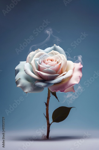 Close-up of tender pastel colored rose flower with white smoke around it against blue background. Colorful blooming love concept.