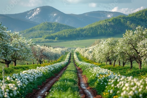 Apple Tree Orchard: Rows of blossoming trees in a spring landscape. 