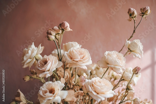 Bright white and pink roses bouquet on a mauve pink background. Romantic floral love card concept.