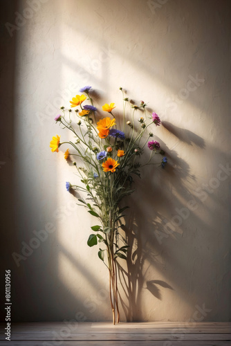 Colorful wild flower bouquet against sunlit textured beige wall with hard shadow. Minimal artistic still life concept. Blooming spring design with creative copy space.