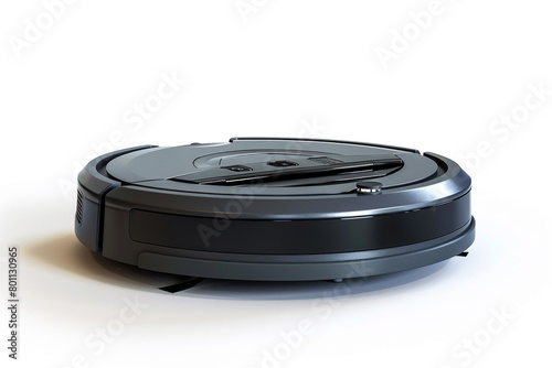 A sleek and compact robotic vacuum cleaner with intelligent obstacle detection and a large dustbin isolated on a solid white background.