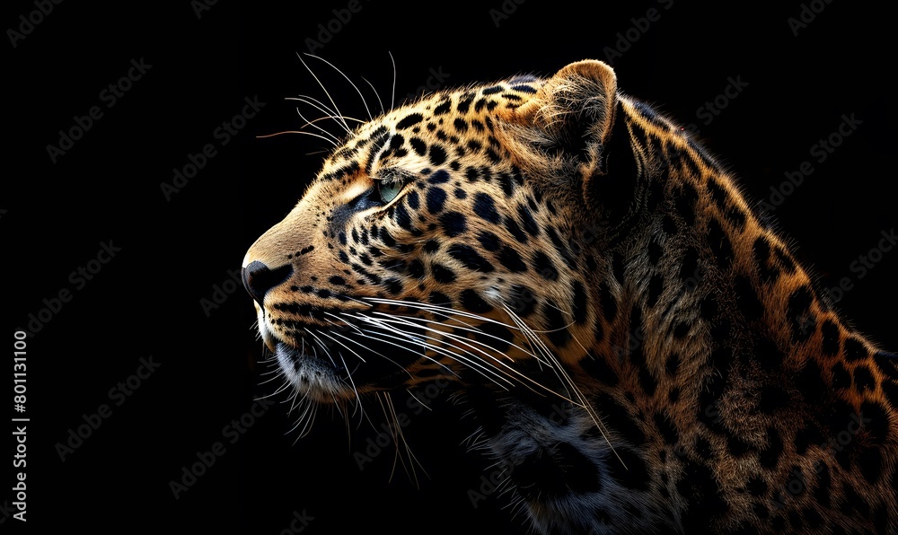 Obraz premium leopard's head against a black backdrop, Generative AI 
