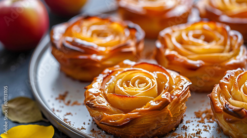 Tasty rose shaped apple pastry on dish closeup