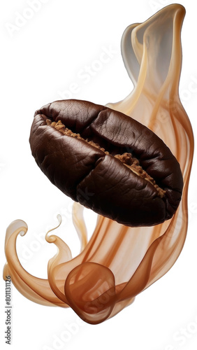 Closeup of a floating coffee bean isolated on transparent background surrounded with brown smoke. Minimal espresso or cappuccino concept.