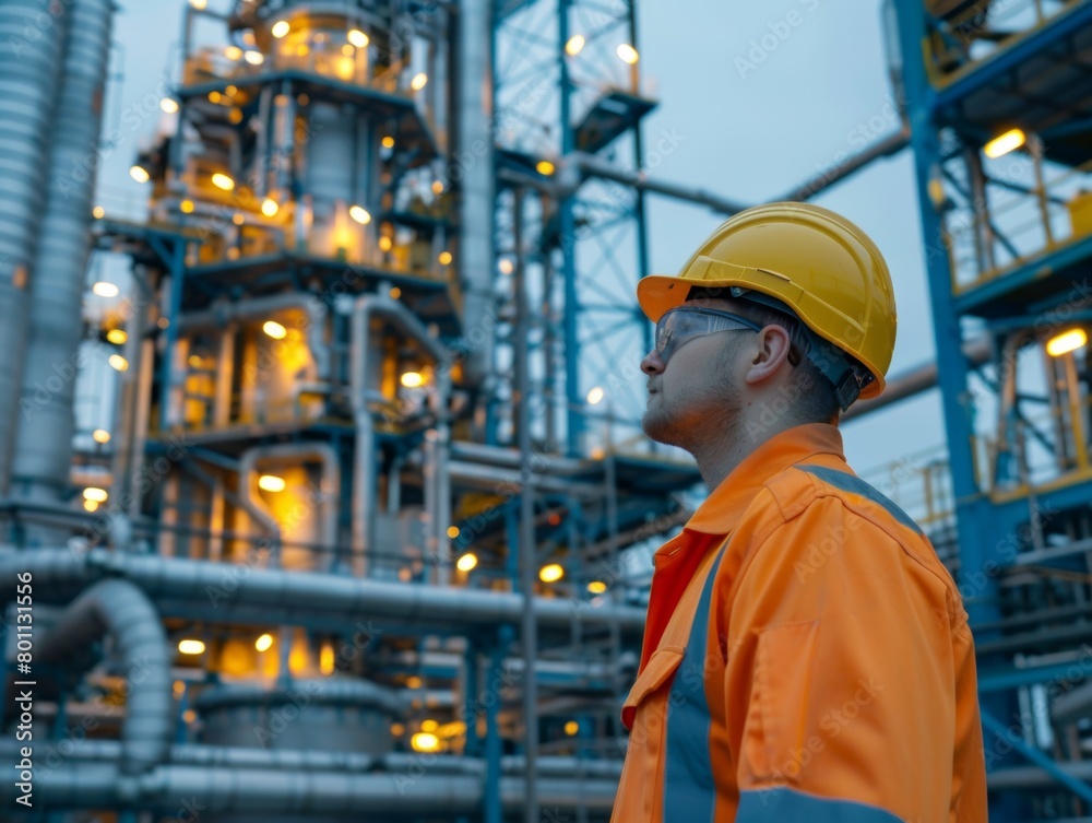 A man in a yellow helmet stands in front of a large industrial building. He is wearing an orange jacket and safety glasses. The scene is industrial and the man is a worker in a hazardous environment A man in a yellow helmet stands in front of a large industrial building. He is wearing an orange jacket and safety glasses. The scene is industrial and the man is a worker in a hazardous environment