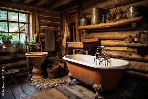 A rustic washroom in a log cabin featuring a claw foot tub. Generative AI