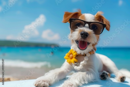 Adorable dog surfing with style in sunglasses and flower chain on summer ocean vacation