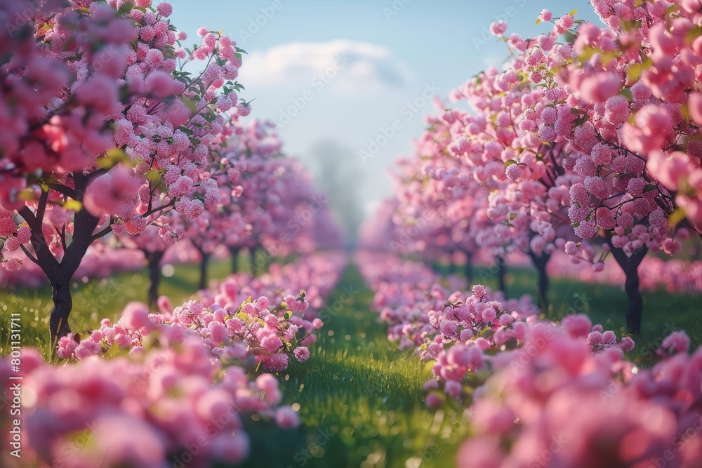 Obraz premium Apple Tree Orchard: Rows of blossoming trees in a spring landscape. 