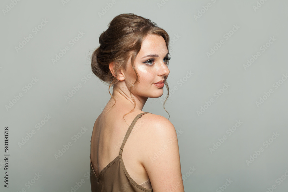 Nice fashionable model woman with natural make-up, healthy fresh skin and beautiful hairstyle, fashion studio portrait Nice fashionable model woman with natural make-up, healthy fresh skin and beautiful hairstyle, fashion studio portrait