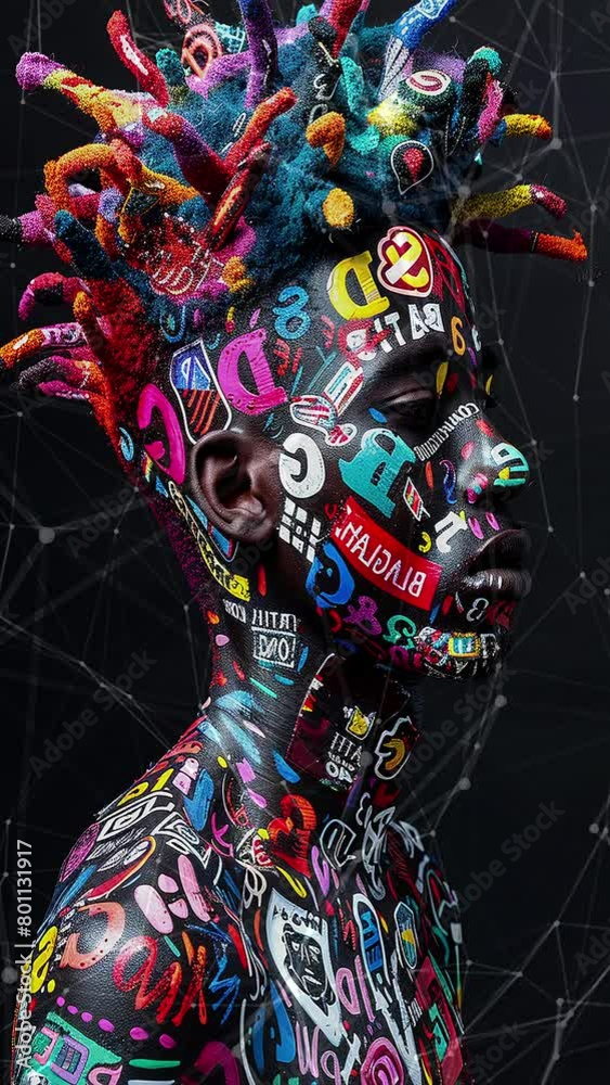 Portrait of an African male. Face and dreadlocks are covered with logos ...