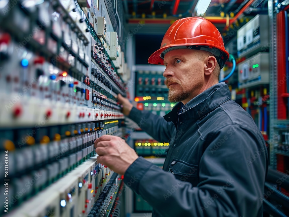 A man in a hard hat is working on a panel of electrical switches. Concept of caution and safety, as the man is wearing a hard hat and working with potentially dangerous equipment A man in a hard hat is working on a panel of electrical switches. Concept of caution and safety, as the man is wearing a hard hat and working with potentially dangerous equipment