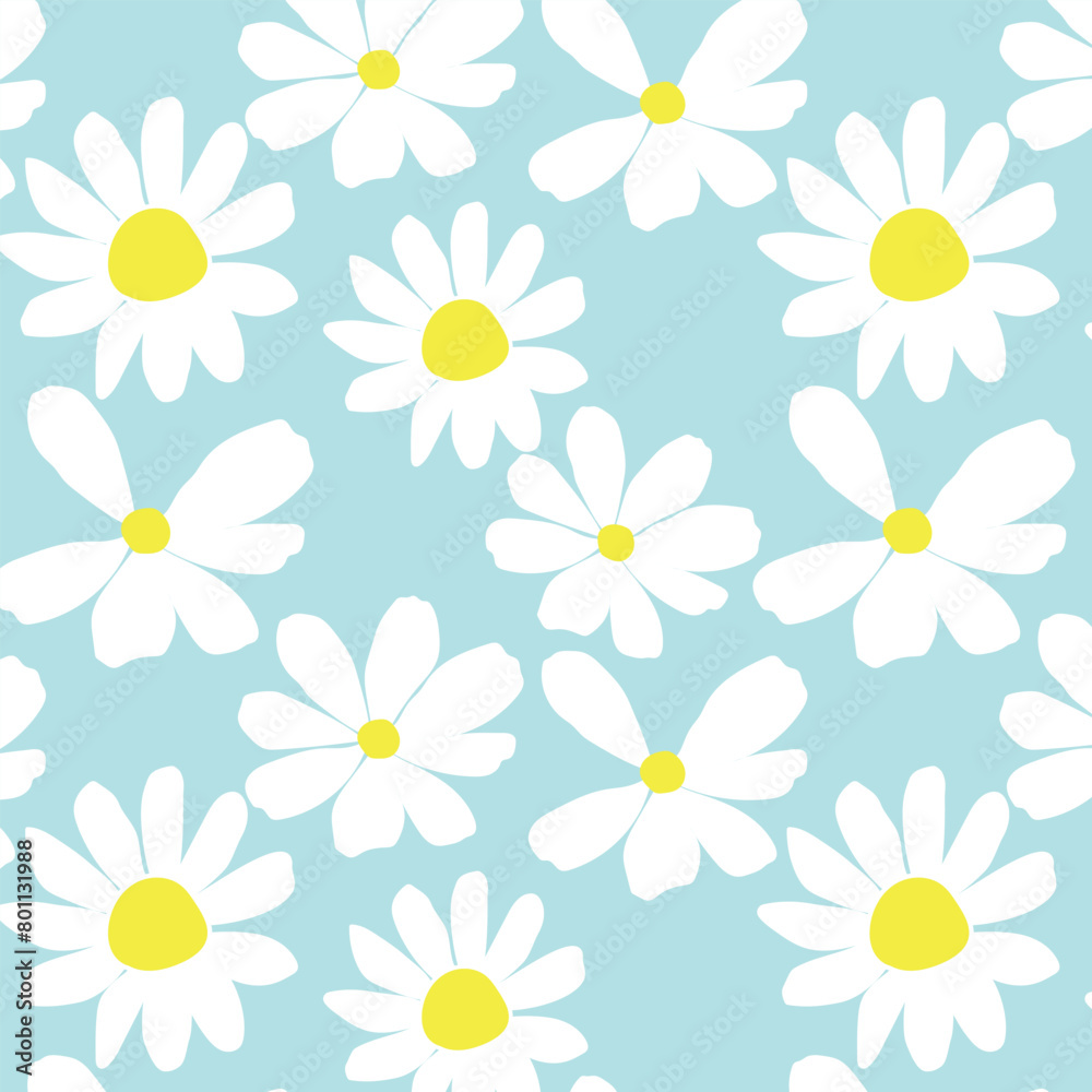 Daisy flowers on blue background, Hand-drawn daisy flowers pattern.botanical cute elements, Ink drawings of wildflowers, vector natural background .eps 10.