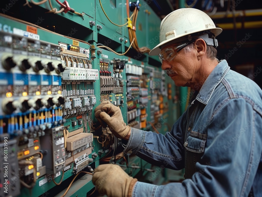 A man in a blue jacket is working on a power box. He is wearing a hard hat and safety glasses A man in a blue jacket is working on a power box. He is wearing a hard hat and safety glasses