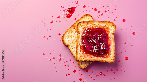 Tasty toasted bread with berry jam on color background