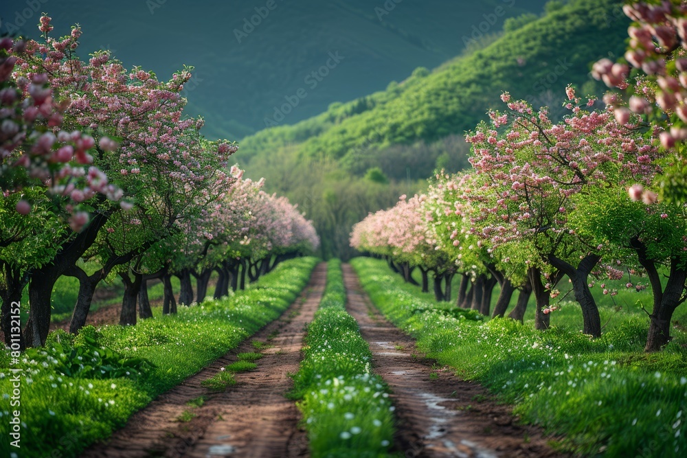 Naklejka premium Apple Tree Orchard: Rows of blossoming trees in a spring landscape. 