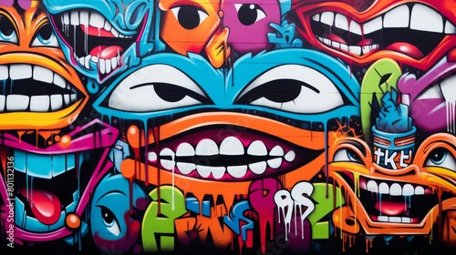 A vibrant, seamless pattern of colorful graffiti art layered on a weathered concrete wall, showcasing urban street art