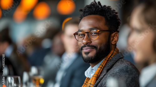 A portrait of a handsome man with a beard and black glasses smiling casually on a city street