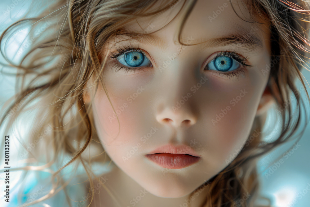 portrait of a little girl with blue eyes on a blue background portrait of a little girl with blue eyes on a blue background