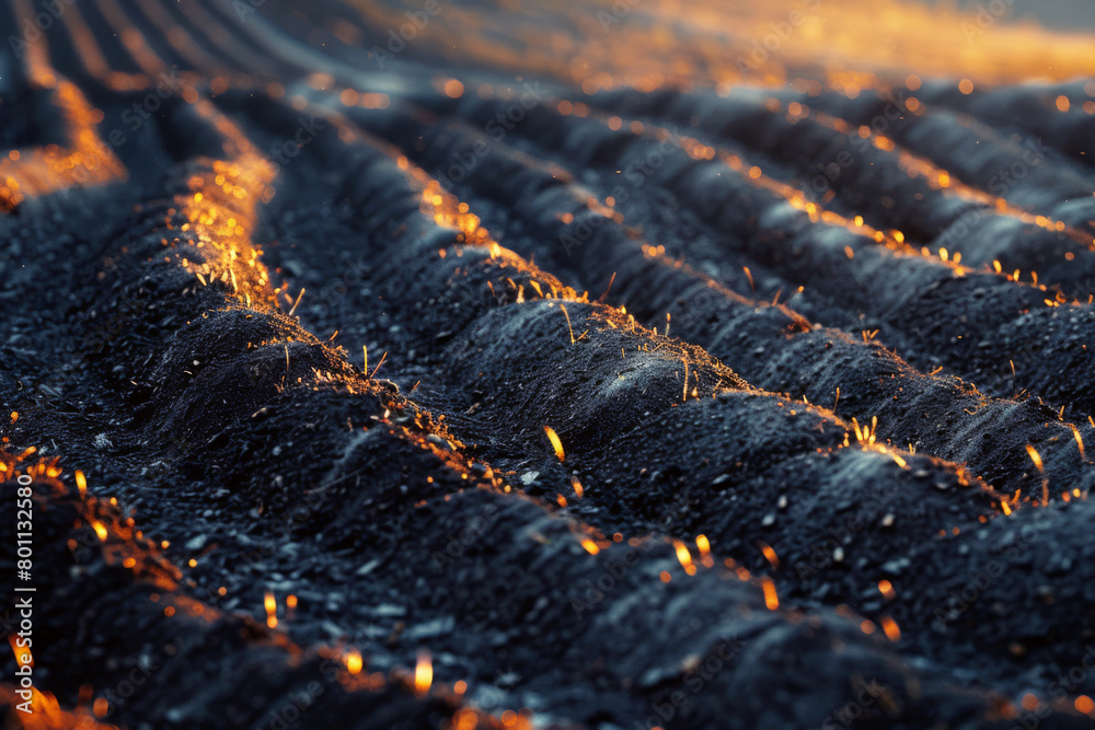 Obraz premium Agrarian natural background. Plowed field with burning straw in the rays of the early morning sun.
