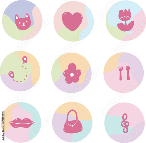 Cute Instagram Story Highlight Icons. Hand Drawn icon for instagram set. Hand drawn Icons set. Cute Icons for Instagram. Social media icons. Free vector icon. Pastel story highlight. Icon set.