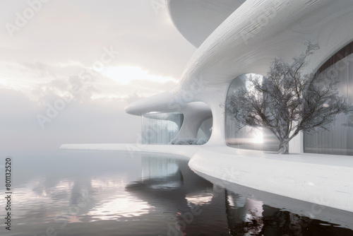 Architectural futuristic background. Concept of modern building on the background of foggy lake. photo