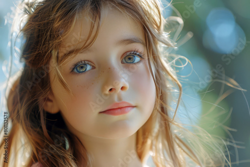 portrait of a little girl with blue eyes on a blue background